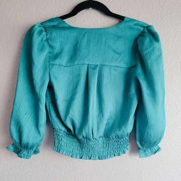 Monteau Los Angeles Teal Smocked Wrap Blouse | Size S - Picture 2 of 7
